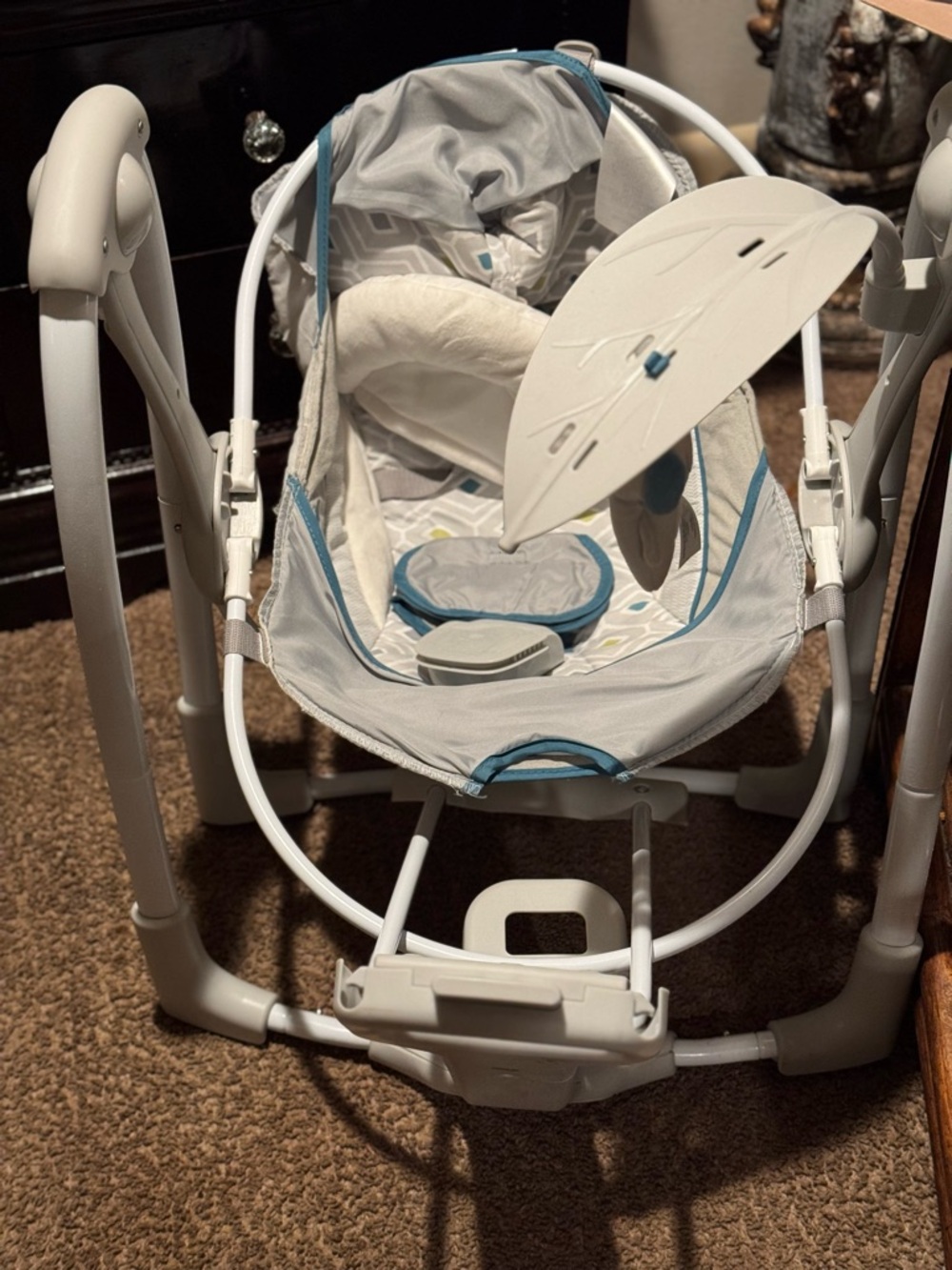 Neutral Gray and Teal Infant Swing with Canopy